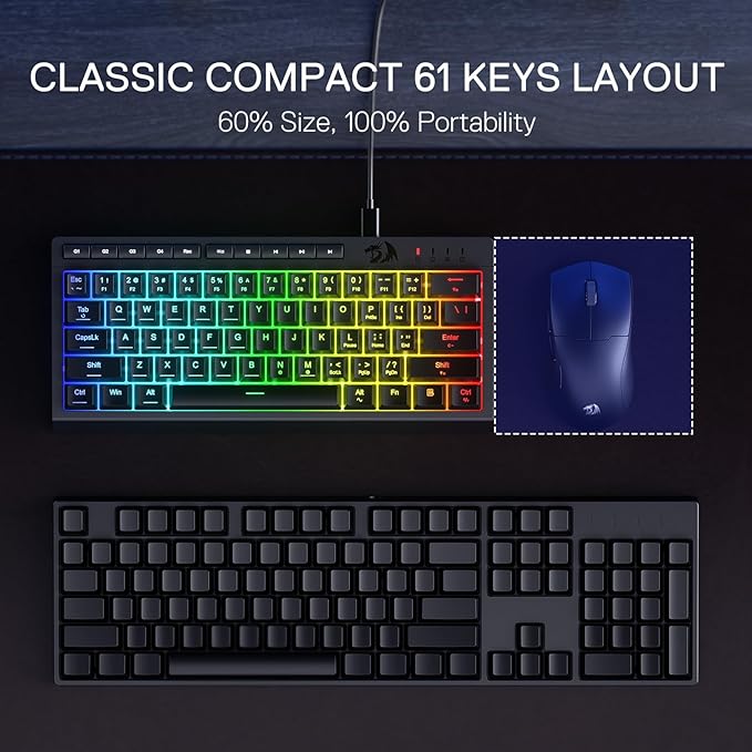 Redragon K522 60% Wired RGB Membrane Gaming Keyboard, Compact 61 Keys Linear Mechanical-Feel Switch Keyboard w/ 4 Extra On-Board Macro Keys & Media Control Keys