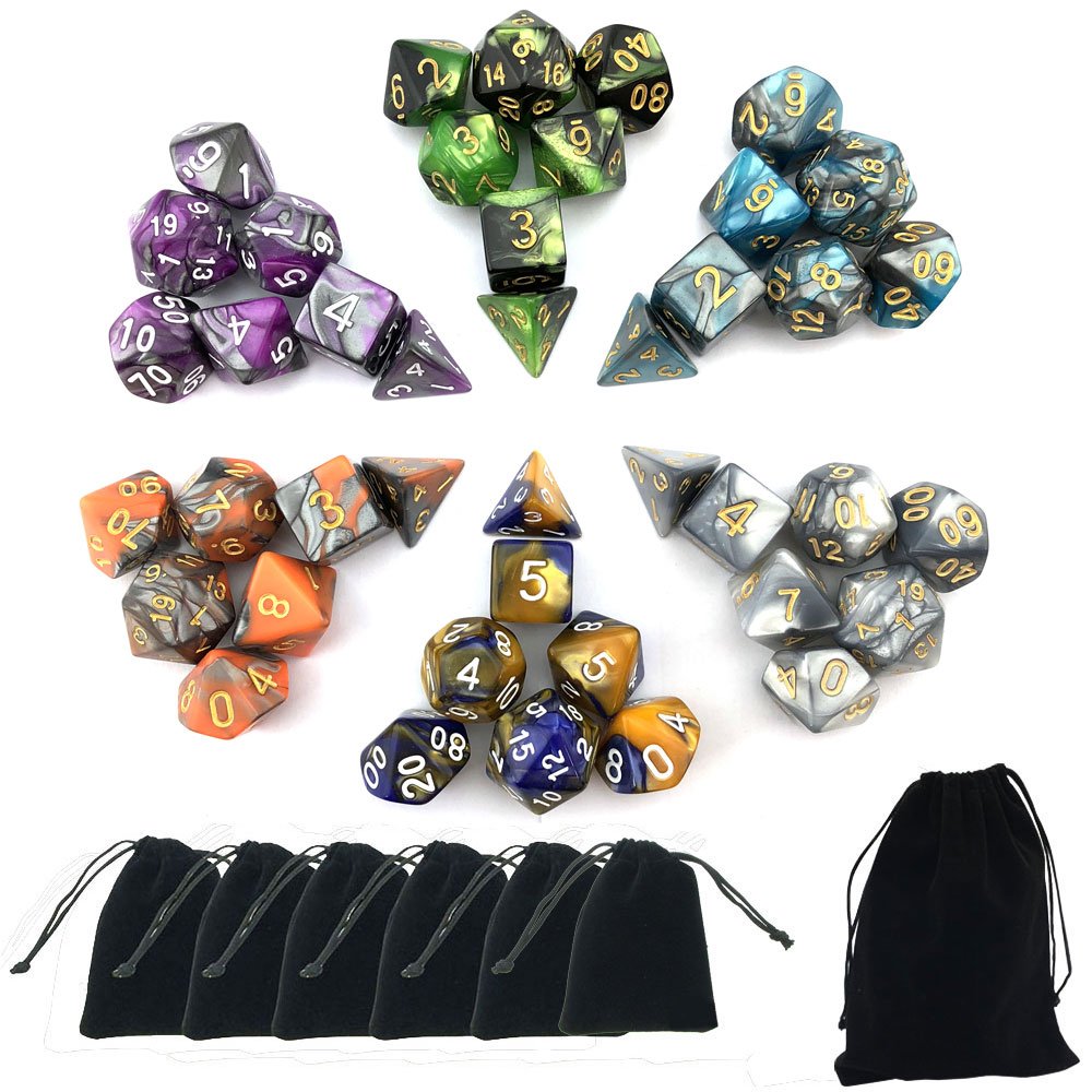 SmartDealsPro 5 x 7-Die Double-Colors Polyhedral Dice Sets with Pouches for D&D DND RPG MTG Dungeon and Dragons Table Board Roll Playing Games D4 D6 D8 D10 D% D12 D20