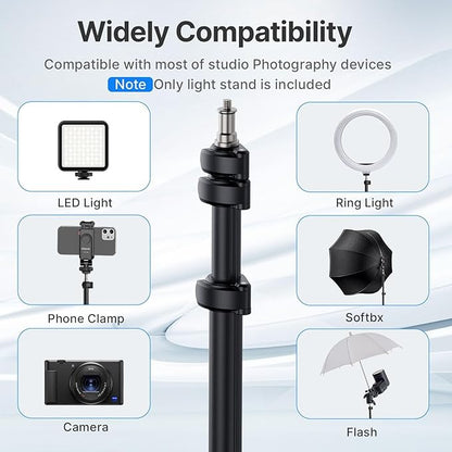 ULANZI Black Aluminum Light Stand, 6.32ft Extendable Tripod for Strobe Lights, Webcams, Cameras & Softboxes