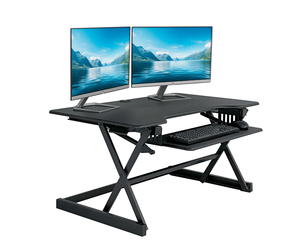 Rocelco 32" Height Adjustable Standing Desk Converter - Sit Stand Computer Workstation Riser - Dual Monitor Retractable Keyboard Tray Gas Spring Assist - Black (R EADRB2)