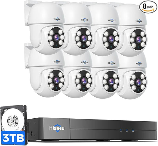 Hiseeu 3K Outdoor Wired Security Camera System with 8CH 5MP DVR,8 x 5MP PTZ CCTV Cameras,360°Coverage,Smart Dual Light & Audio,Person/Vehicle Detection,3TB HDD,100ft Night Vision,24/7 Recording