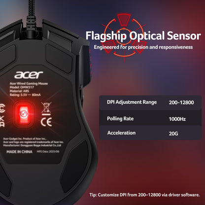 Acer Wired Gaming Mouse, 12,800 DPI RGB Ergonomic Computer Mouse for PC