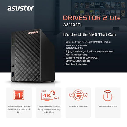 Asustor Drivestor 2 Lite AS1102TL, 2 Bay NAS, 1.7GHz Quad Core, 1GbE Port, 1GB RAM DDR4, Personal Private Cloud, Backup for Home & Small Office, Network Attached Storage(Diskless)