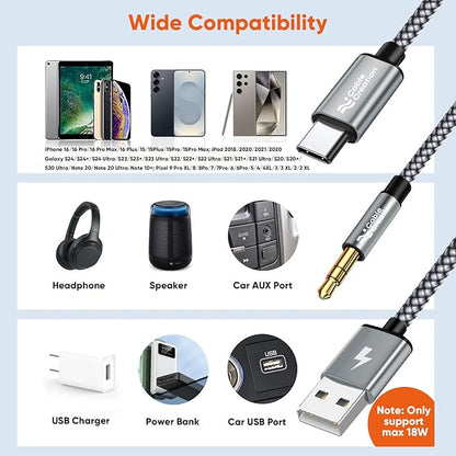 CableCreation USB C to 3.5mm Audio Cable with USB Charging Cable, Car Aux Cable, Type C to Aux Jack Headphone Car Stereo with 18W Charge for iPhone 16 15 Pro Max Plus, Galaxy S24/S23+, Pixel 9/8/7+
