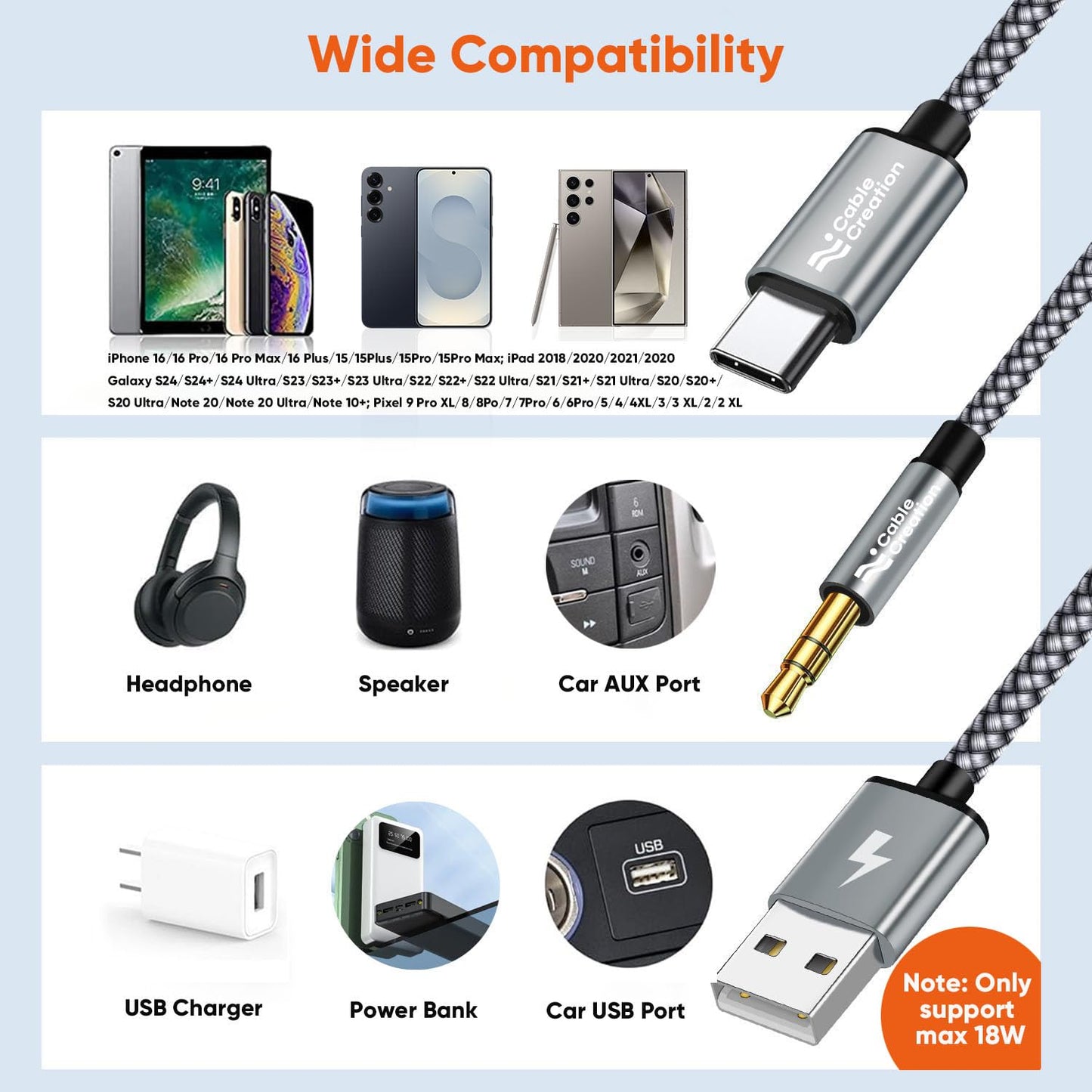 CableCreation USB C to 3.5mm Audio Cable with USB Charging Car Aux Cable