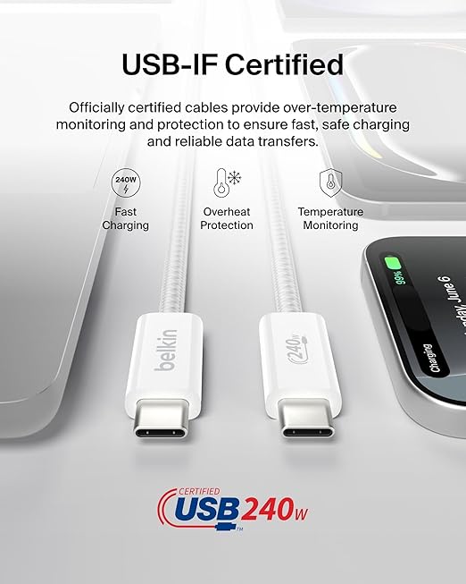 Belkin USB C to USB C Cable, 6.6ft, 240W - Type C Charger, iPhone Charger Cord, Soft, Braided, Flexible for iPhone 17, Galaxy S25, Pixel 10, MacBook, Chromebook, iPad Pro, Switch Steam Deck – White