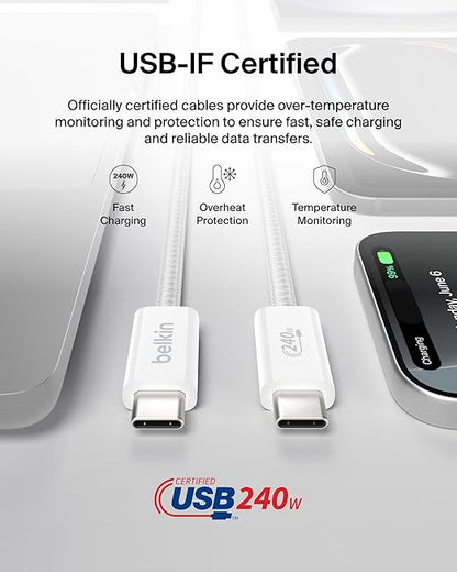 Belkin USB C to USB C Cable, 6.6ft, 240W - Type C Charger, iPhone Charger Cord, Soft, Braided, Flexible for iPhone 17, Galaxy S25, Pixel 10, MacBook, Chromebook, iPad Pro, Switch Steam Deck – White