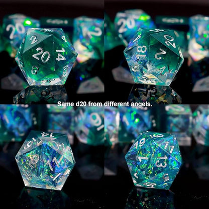Haxtec DND Dice Set Sharp Edge Resin Dice Iridecent Inclusion with Dice Case Green D&D Dice for RPG Role Playing Games Compatible with Dungeons and Dragons Gift Galaxy Series