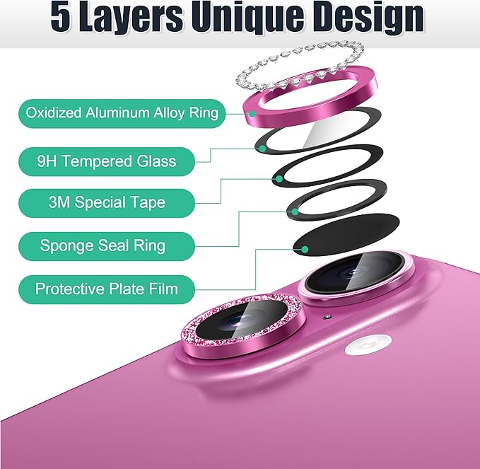 AGVEE 3+3 6 Pack for iPhone 16 6.1" / 16 Plus 6.7" Camera Lens Cover Protector, Bling Diamond & Bling Glitter Metal Ring 9H Tempered HD Glass Camera Cover Protector Film, Bling-Rose