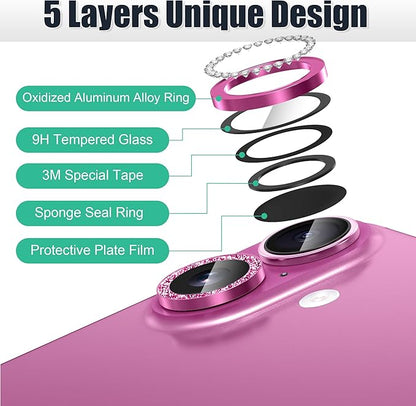 AGVEE 3+3 6 Pack for iPhone 16 6.1" / 16 Plus 6.7" Camera Lens Cover Protector, Bling Diamond & Bling Glitter Metal Ring 9H Tempered HD Glass Camera Cover Protector Film, Bling-Rose