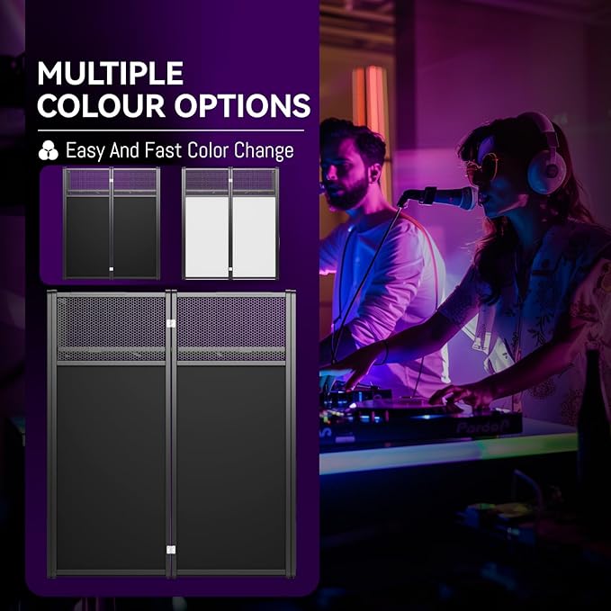 Portable DJ Booth Table,Foldable DJ Table Stand with White & Black Scrim,Adjustable DJ Facade Booth Station Metal Frame with Cable Hole for Private Events, Clubs, Bars (40x20 Double Deck)