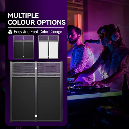 Portable DJ Booth Table,Foldable DJ Table Stand with White & Black Scrim,Adjustable DJ Facade Booth Station Metal Frame with Cable Hole for Private Events, Clubs, Bars (40x20 Double Deck)