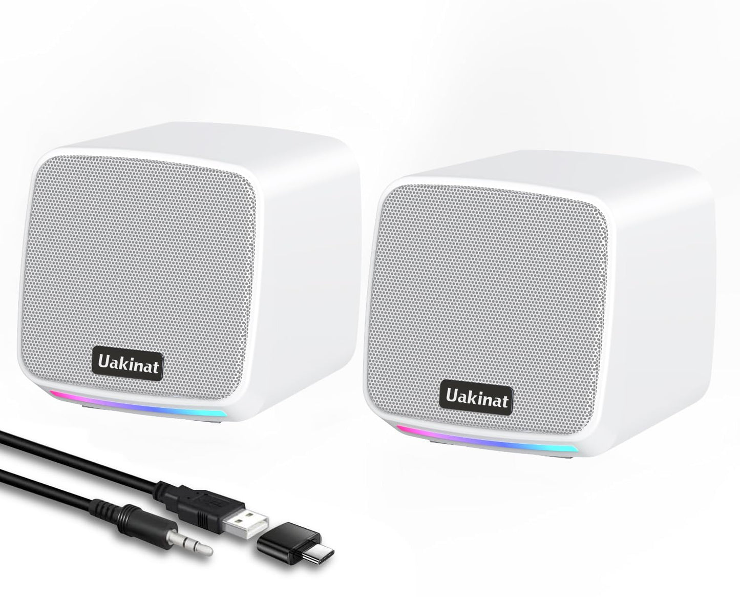 Uakinat Computer Speakers for Desktop PC, USB Powered 3.5mm Aux Speaker for PC, Laptop, Tablet, Phone, Plug and Play with Volume Control, White