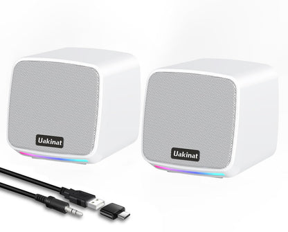 Uakinat Computer Speakers for Desktop PC, USB Powered 3.5mm Aux Speaker for PC, Laptop, Tablet, Phone, Plug and Play with Volume Control, White