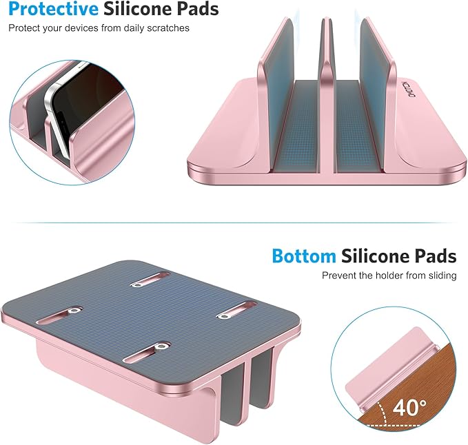 OMOTON [Updated Dock Version] Vertical Laptop Stand, Double Desktop Stand Holder with Adjustable Dock (Up to 17.3 inch), Fits All MacBok/Surface/Samsung/HP/Dell/Chrome Book (Rose Gold)