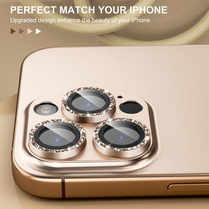 beuxece Compatible for iPhone 16 Pro/iPhone 16 Pro Max Camera Lens Protector, Bling Metal Tempered Glass Camera Screen Cover Accessories [Strong Adsorption][Case-Friendly]- Glitter Titanium Desert