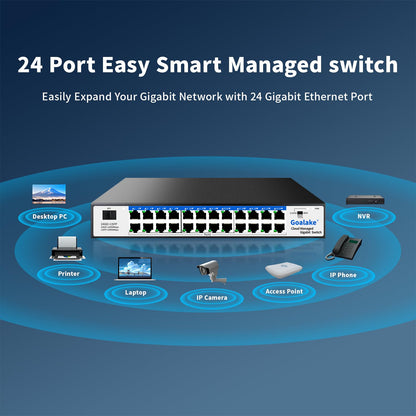 Goalake 24-Port Gigabit Easy Managed Switch – Plug & Play Managed Network, VLAN & QoS Bandwidth Control, Industrial Grade Fan Design, Desktop/Rackmount, No Subscription Fee