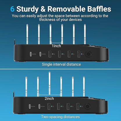 Catlyn Charging Station for Multiple Devices, 8 Port Charger Stations with 6 Mixed Charger Cables Organizer Dock,Compatible for Cell Phone,Tablet, Kindle, iPhone iPad for Family Home Office（Black）