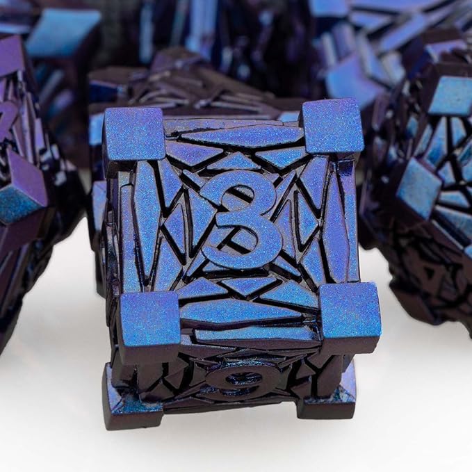 7PCS Metal DND Dice Set with Box, Debris RPG Blue Purple D and D Dice for use with D&D Tabletop Games Role Playing Game Polyhedral Dice Set D20 D12 D10 D8 D6 D4