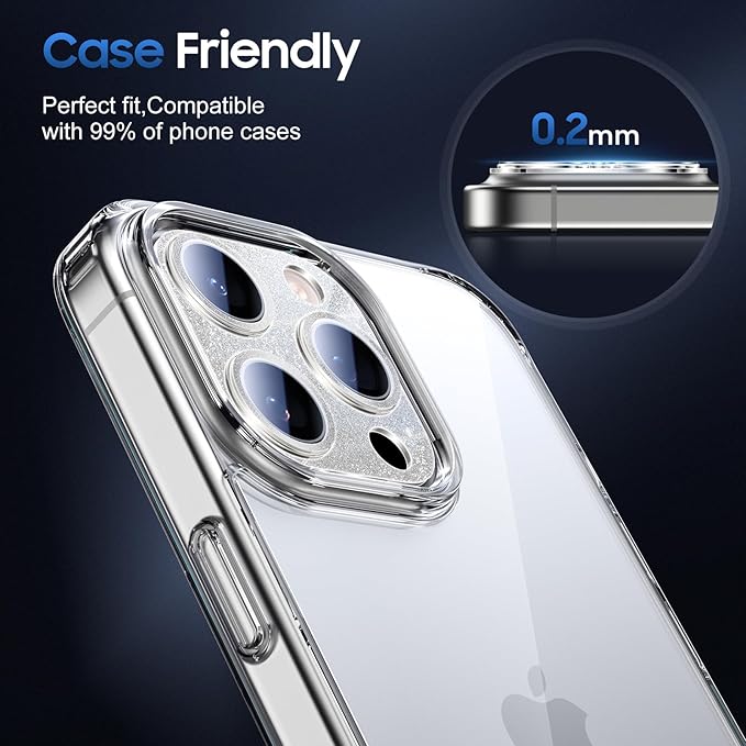 UniqueMe for 3 Pack iPhone 16 Pro/iPhone 16 Pro Max Camera Lens Protector - [Drop Protection] [Case Friendly] 9H Tempered Glass Camera Cover Screen [Update New Version] - Glitter Silver