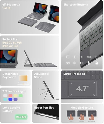 EIP Bluetooth Keyboard Case for iPad 10.2 inch (7th/8th/9th Gen) & iPad Air 10.5 inch (3rd Gen), 10.2 "Magnetic Detachable Cover with Trackpad, 7-Color Backlit Keys, Slim Protective Smart Case