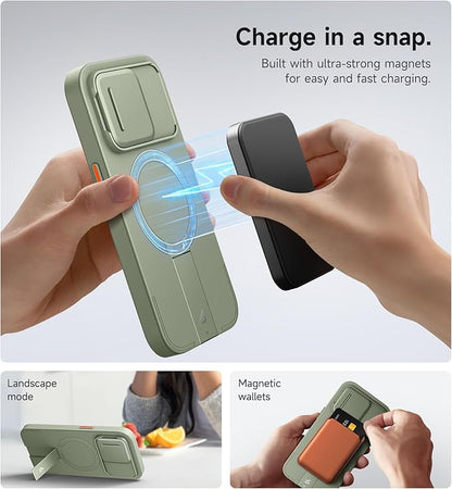 SURITCH for iPhone 14 Pro Case with Magnetic Camera Slide Cover and Adjustable Kickstand, Compatible with MagSafe, Shockproof Bumper Case Slim Protective Cover for iPhone 14 Pro 6.1 Inch, Green