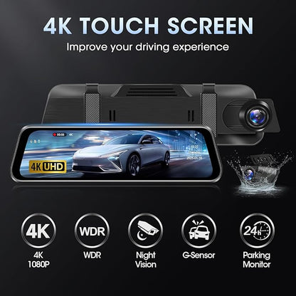 4K WiFi Rear View Mirror Camera 10’’ Mirror Dash Cam Front and Rear w Super Night Vision Dash Cam Mirror w 64G TF Card WiFi App Loop Recording G Sensor Waterproof Reversing Camera