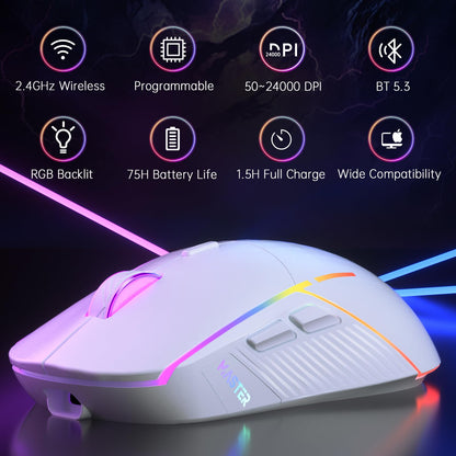FFJ Wireless Gaming Mouse, 24000 DPI, Gaming Mice for PC, White