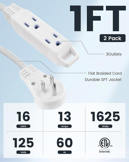 SURAIELEC 1FT Extension Cord, 360° Rotating Flat Plug Extension Cord Flat Wall Plug with 3 Outlets, White Braided Flat Cord for Indoor Use, Compact Areas, 16/3C SPT, ETL Listed, 2 Pack