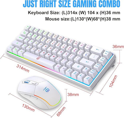 Snpurdiri 60% Wireless Gaming Keyboard and Mouse Combo,LED Backlit Rechargeable 2000mAh Battery,Mini Mechanical Feel Anti-ghosting Keyboard +Popular RGB Gaming Mice for PC Gamer (White)