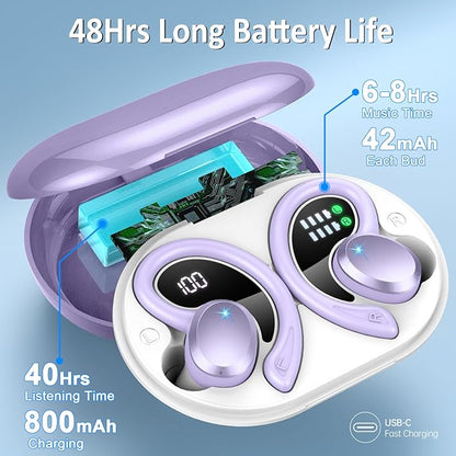 Wireless Earbud, Bluetooth 5.4 Headphones IP7 Waterproof for Sport, 48H Running Wireless Earphones with ENC Noise Cancelling Mic, Deep Bass Over Ear bud with Earhooks for Android, iOS, Workout, Purple
