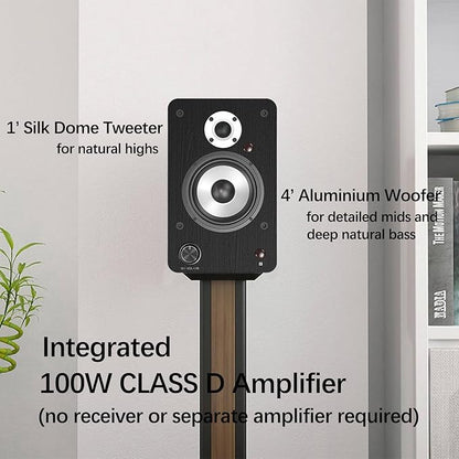 LONPOO Powered Bookshelf Speakers for Record Player,2.0CH Bluetooth Active Near Field Monitors with 1-inch Silk Domed Tweeter and 4-inch Aluminium Speaker for Home Theater, 100 Watts RMS
