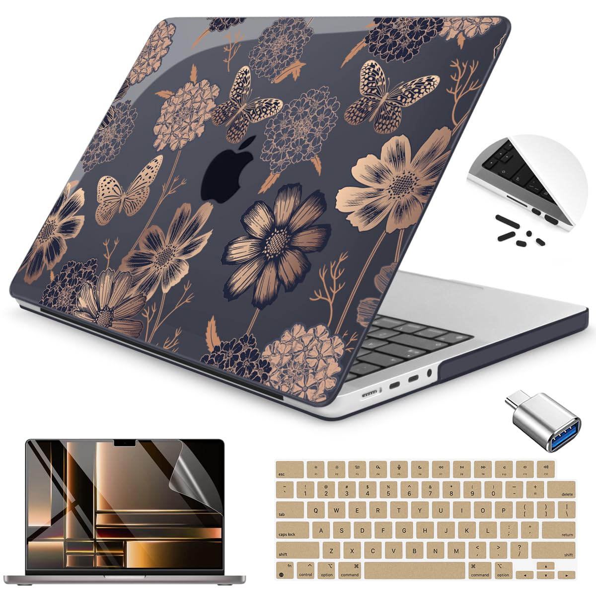 Teryeefi Case for MacBook Pro 14 Inch M5 M4 M3 M2 M1 (2021-2025 2026) Model A3427/A3426/A3434/A3112/A3401/A3185/A2918/A2992/A2779/A2442, Flower & Butterfly