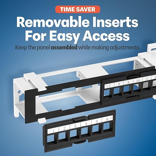 Everest Media 12-Port Keystone Patch Panel (4-Pack) - Removable 6-Port Panels - with 89D Wall Mount Bracket - Vertical/Horizontal Installation - 8 Blank Keystone Jack Inserts Included
