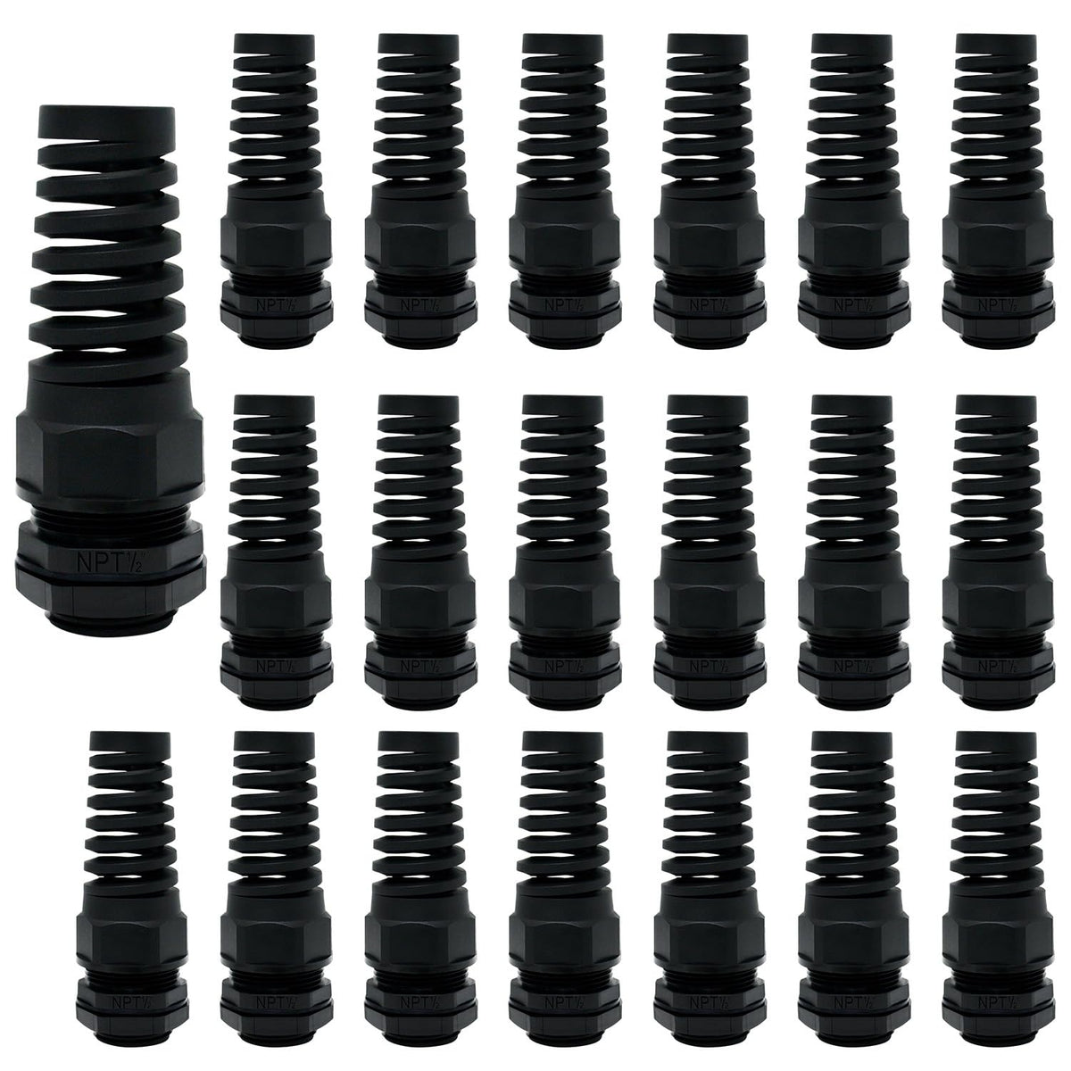 LeMotech 5Pcs NPT 1/2" IP68 Waterproof Cable Gland Flex Spiral Strain Relief Black Nylon Joint with Gaskets for 6-12mm Wire Thread