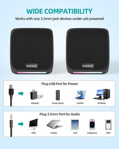 Computer Speakers with Colorful RGB Lights, USB Powered 3.5mm Aux- in Mini PC Speakers, Small Computer Speakers USB Powered 3.5mm Aux Speaker for PC,Laptop,Tablet,Phone