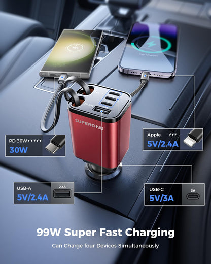 6 in 1 Retractable Car Charger, SUPERONE Smaller Fast Car Phone Charger