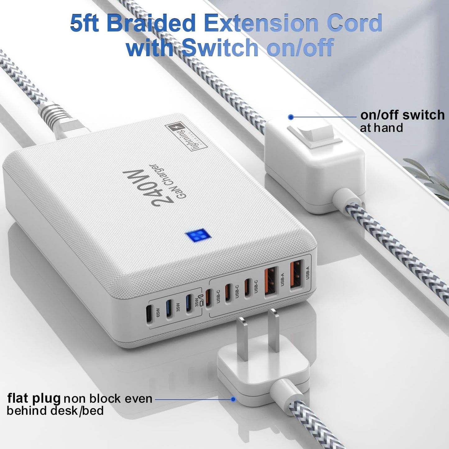 USB C Charger Block 240W, 8-Port Charging Station for iPhone/Ipad/MacBook, 6C2A PD GaN Charger Box, USB Tower Hub with Flat Plug, Travel Essentials
