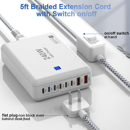 USB C Charger Block 240W, 8-Port Charging Station for iPhone/Ipad/MacBook, 6C2A PD GaN Charger Box, USB Tower Hub with Flat Plug, Travel Essentials