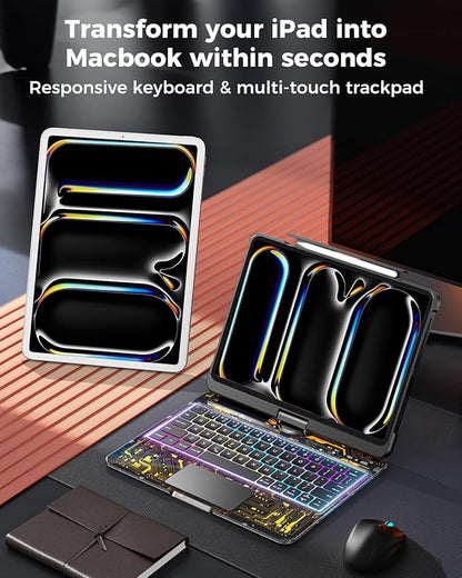 SIBEITU Keyboard Case for iPad Pro 11 Inch M5 2025 /M4 2024, Clear Wireless 360 Rotatable iPad Pro11 Cover, Multi-Touch Trackpad & Visible PCB High-Tech Design, 7-Color Backlight & 3-Brightness, Black