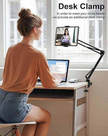 Tablet Floor Stand with 11lb Stable Base & Desk Clamp, Adjustable Height Stretchable Arm Swivel Dual Holder, Compatible with iPhone, iPad Pro Air Mini, Galaxy Tab, Kindle, Phones (4.5''-13'')