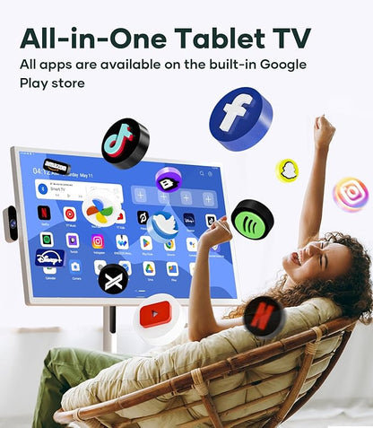 Cozyla Mate 32 Inch Mobile Portable TV Stand on Wheels Support Google Store Full Swivel Rotation Portable Touch Screen Monitor Built-in Battery Smart Rolling Tablet TV 4K Camera Remote Control White