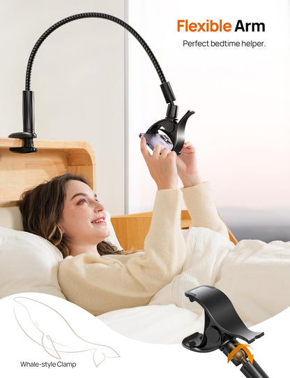 Aomiker Gooseneck Phone Holder for Bed - [Unique Nylon Braid] 38” Long Flexible Lazy Arm Clip, 360 Adjustable Overhead Phone Mount for iPhone 15 14 13 12 11 Pro Max Mini Plus, All 4-7" Cellphone