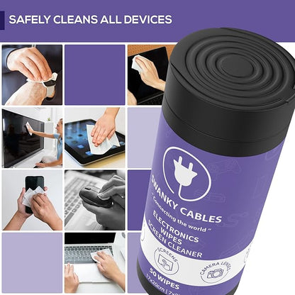 Swanky Cables Screen Cleaner Wipes: Electronic Wipes for Screens - Computer Screen Wipes for Lens, Phone, Tv Screen and Monitor Cleaning - Tech Wipes & Microfiber Cloth (Canister, 100 Count)