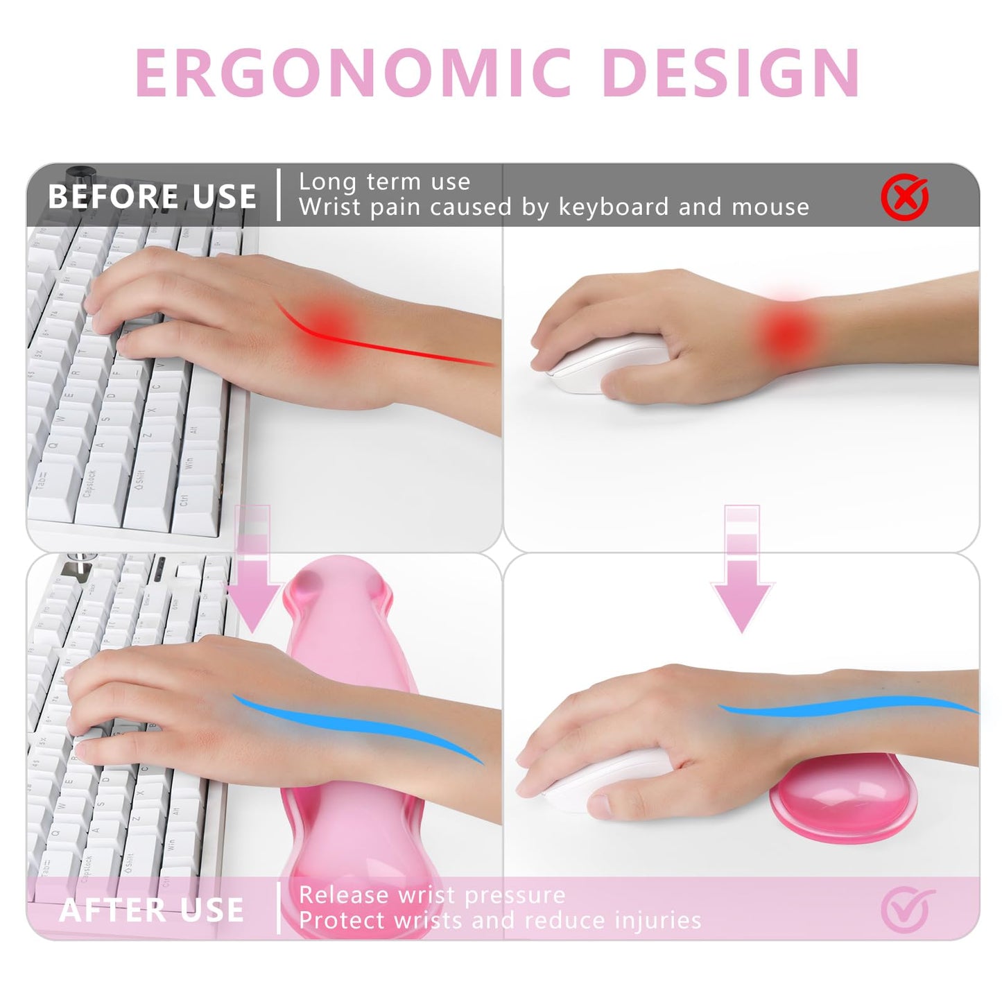 Gel Keyboard and Mouse Wrist Rest, Cute Wrist Support and Arm Support Keyboard Rest for Keyboard and Mouse Typing Pain Relief，Suitable for Office/Computer/Laptop/Gaming (Transparent Pink Set)