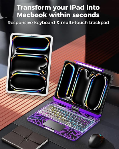 SIBEITU Keyboard Case for iPad Pro 11 Inch (M5 2025 / M4 2024), 360 Rotatable iPad Pro 11 Clear Cover with Multi-Touch Trackpad, 7-Color Backlight & 3 Brightness, High-Tech Visible PCB Design, Purple