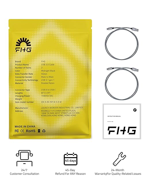 FHG 6FT 3.3FT USB 3.0 to USB C Cable 2Pack, High-Speed Transfer of 1GB in 2sec, 3A Fast Charging from 20% to 80% in 35mins, Sturdy Nylon Braided USB Data Cable, Compatible for iPhone 15/Galaxy/Win