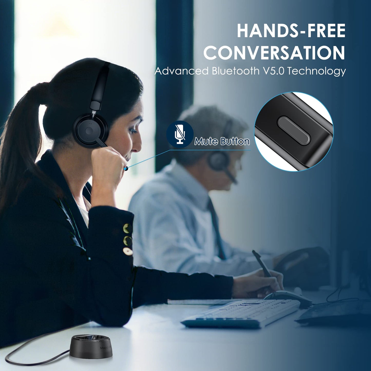 Mopchnic Bluetooth Headset, Wireless Headphone with Microphone for Computer, On Ear Bluetooth Headset with USB Dongle for Office Call Center Skype Zoom Meeting Online Class (Gray)