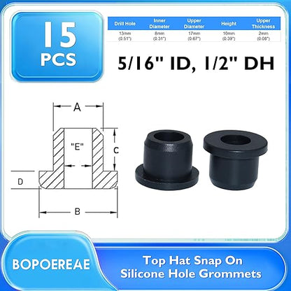 15 Pcs1/2" Drill Hole, 5/16" ID Silicone Rubber Grommets for Wiring, Automotive Firewall Hole Plug Top Hat Metal Wall Drywall Grommets for Vinyl Tubing in Hydroponic Irrigation Systems