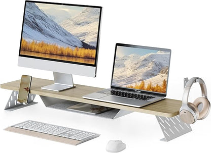 Fenge Dual Monitor Stand, 42.5 Inch Monitor Riser for Desk, Wood Desk Shelf for 2 Monitors, 2 Tier Monitor Shelf with Headphone Stand & Phone Holder